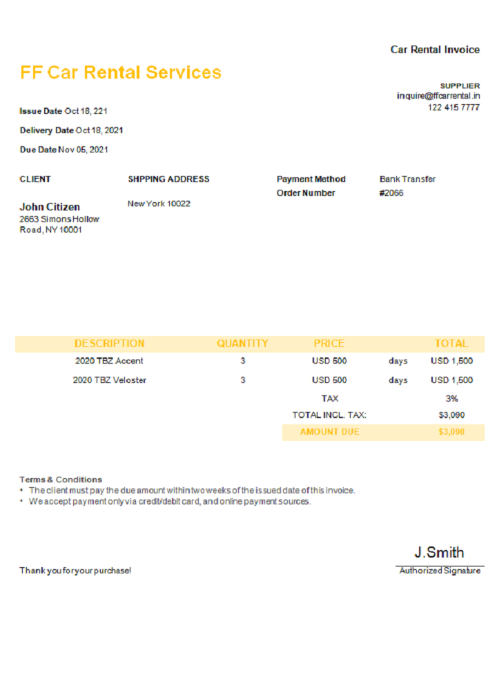 USA FF Car Rental Services invoice PSD template